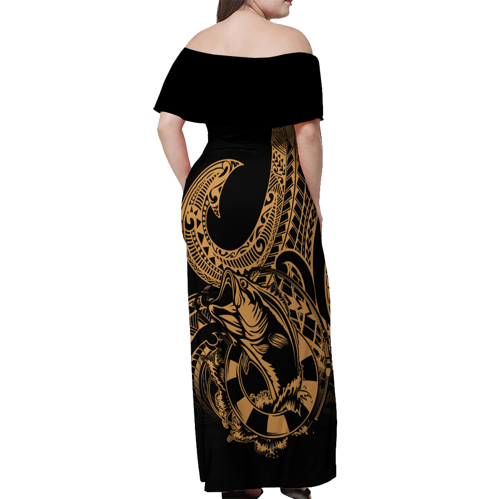 Polynesia Off Shoulder Maxi Dress Fish Hook Tattoo Go Fishing Polynesian Pattern Gold LT14 - Polynesian Pride