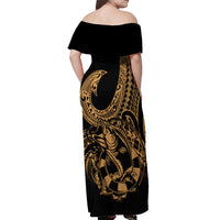 Polynesia Off Shoulder Maxi Dress Fish Hook Tattoo Go Fishing Polynesian Pattern Gold LT14 - Polynesian Pride