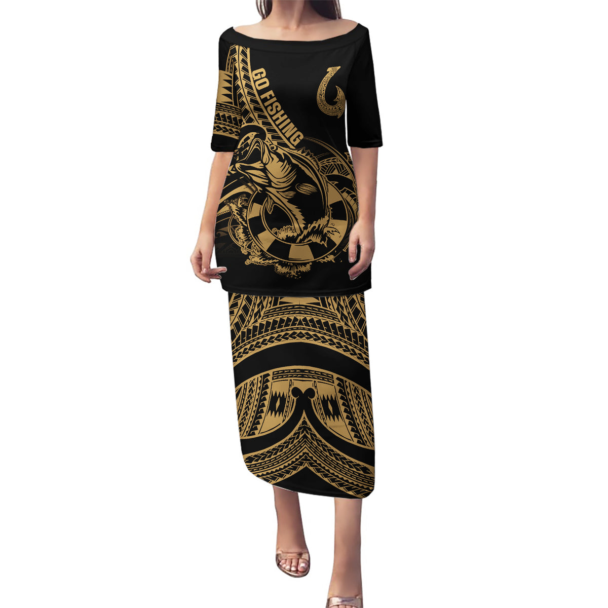 Polynesia Puletasi Fish Hook Tattoo Go Fishing Polynesian Pattern Gold LT14 Long Dress Gold - Polynesian Pride