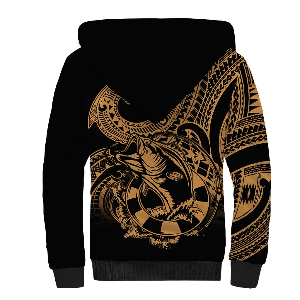 Polynesia Sherpa Hoodie Fish Hook Tattoo Go Fishing Polynesian Pattern Gold LT14 - Polynesian Pride