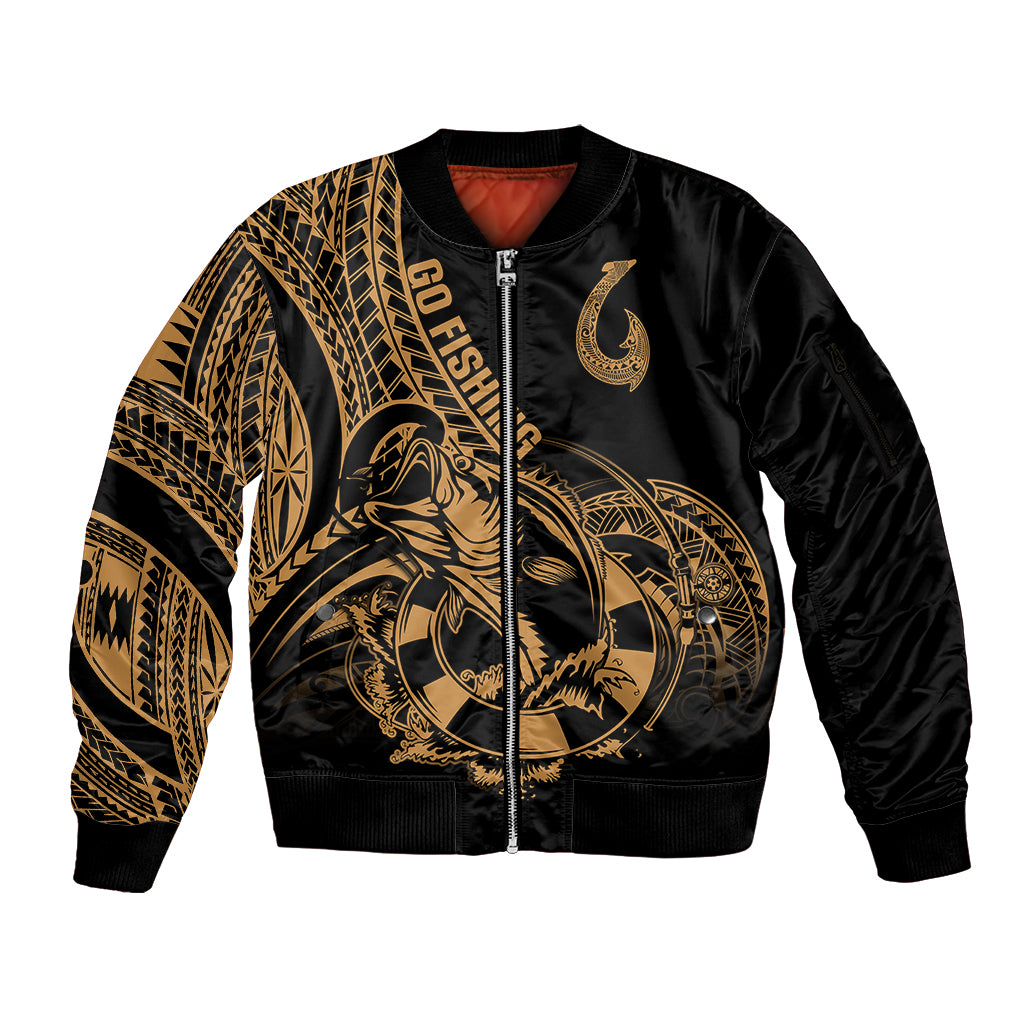 Polynesia Sleeve Zip Bomber Jacket Fish Hook Tattoo Go Fishing Polynesian Pattern Gold LT14 Unisex Gold - Polynesian Pride