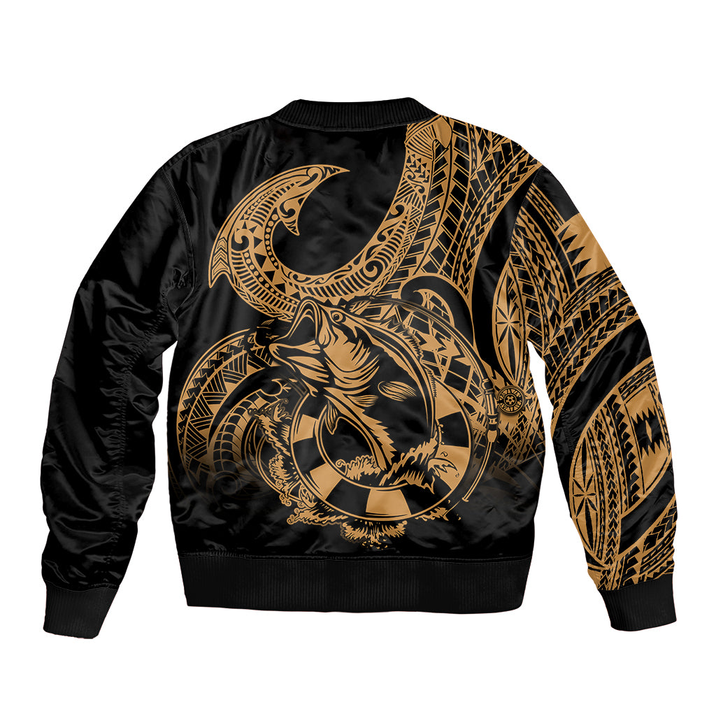 Polynesia Sleeve Zip Bomber Jacket Fish Hook Tattoo Go Fishing Polynesian Pattern Gold LT14 - Polynesian Pride