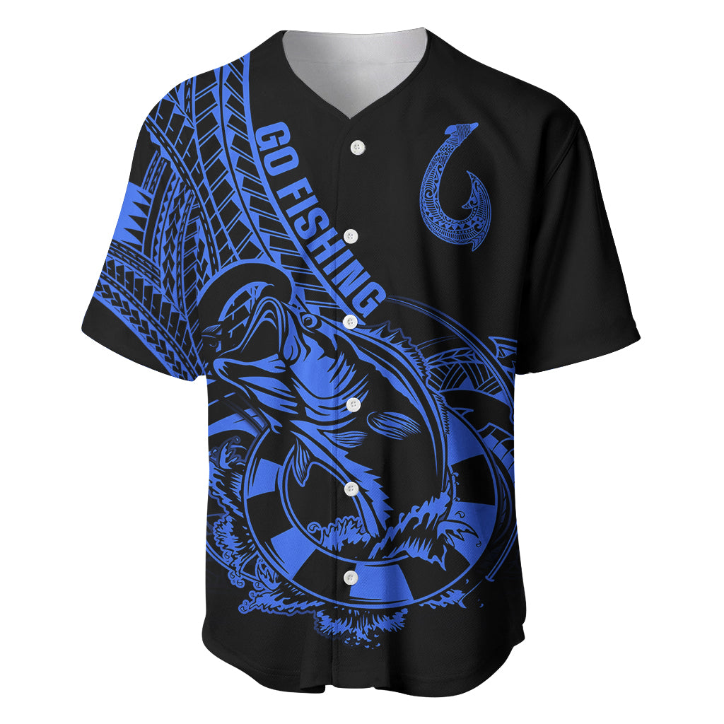 Polynesia Baseball Jersey Fish Hook Tattoo Go Fishing Polynesian Pattern Blue LT14 Blue - Polynesian Pride