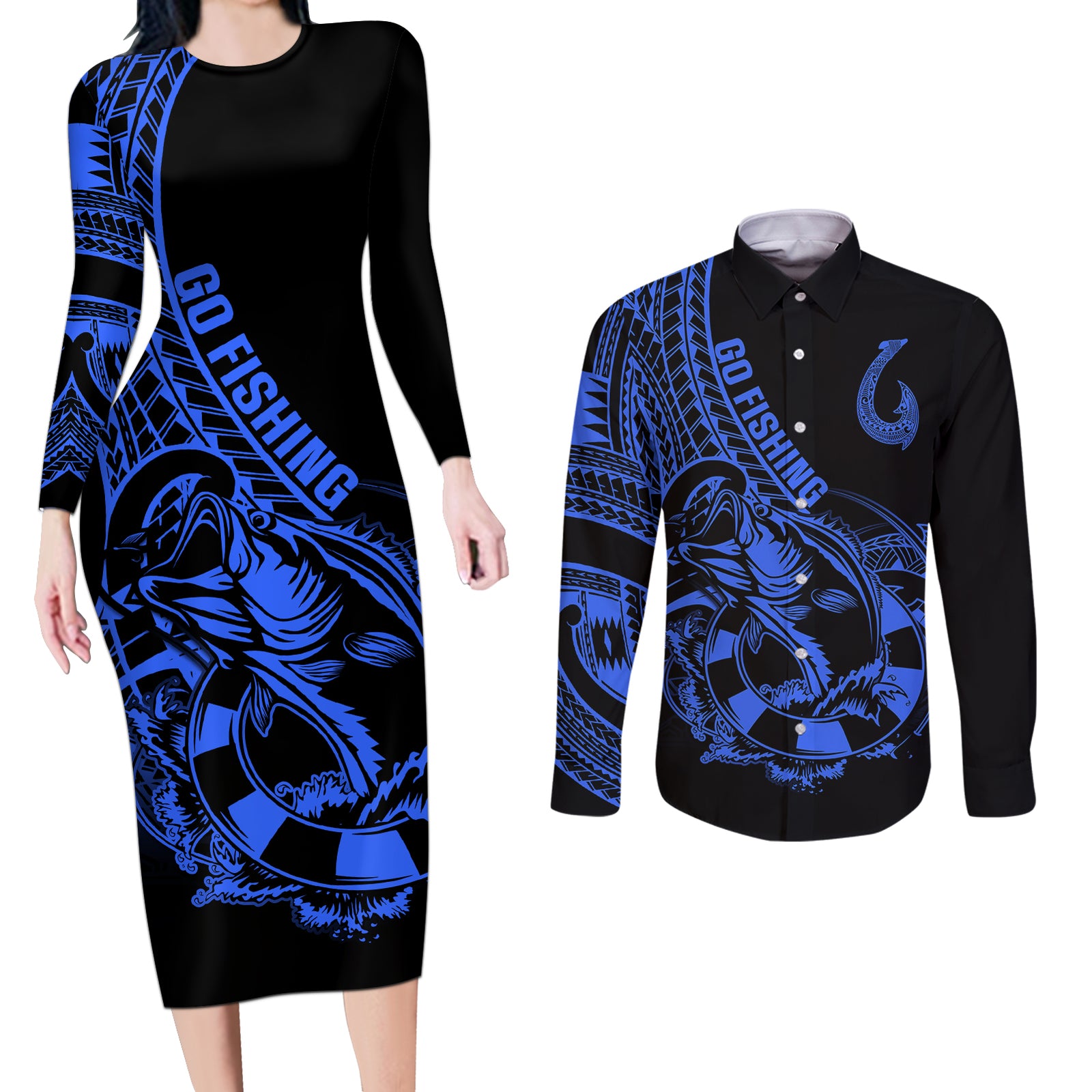 Polynesia Couples Matching Long Sleeve Bodycon Dress and Long Sleeve Button Shirts Fish Hook Tattoo Go Fishing Polynesian Pattern Blue LT14 Blue - Polynesian Pride