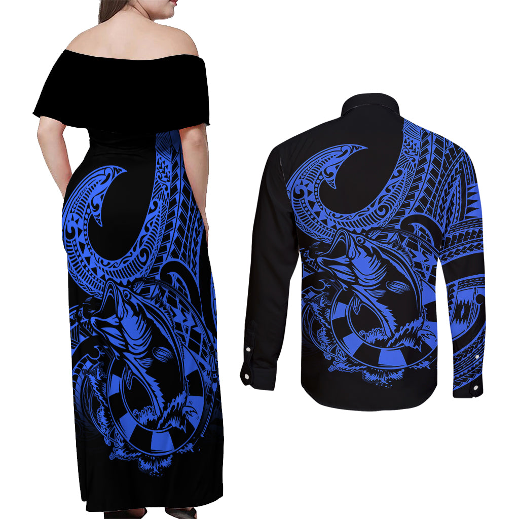 Polynesia Couples Matching Off Shoulder Maxi Dress and Long Sleeve Button Shirts Fish Hook Tattoo Go Fishing Polynesian Pattern Blue LT14 - Polynesian Pride