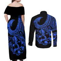 Polynesia Couples Matching Off Shoulder Maxi Dress and Long Sleeve Button Shirts Fish Hook Tattoo Go Fishing Polynesian Pattern Blue LT14 - Polynesian Pride