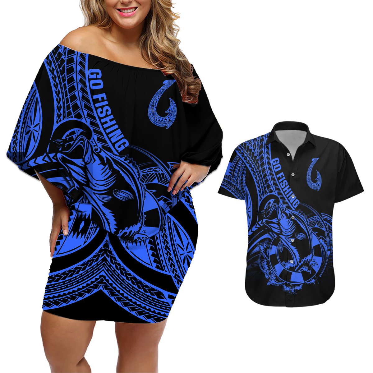 Polynesia Couples Matching Off Shoulder Short Dress and Hawaiian Shirt Fish Hook Tattoo Go Fishing Polynesian Pattern Blue LT14 Blue - Polynesian Pride