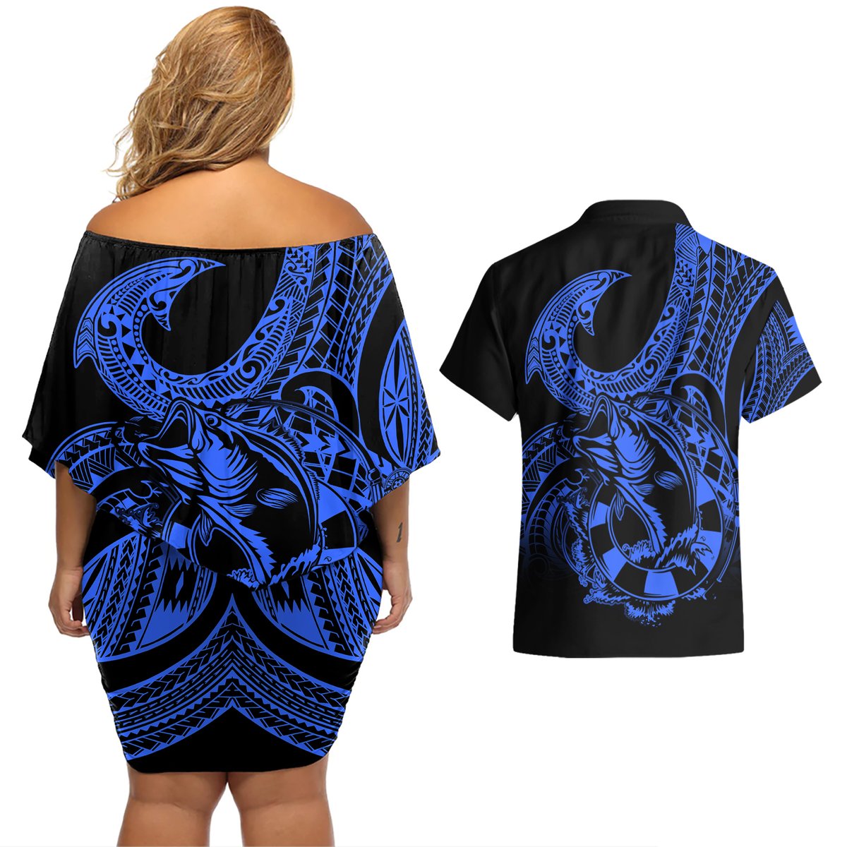 Polynesia Couples Matching Off Shoulder Short Dress and Hawaiian Shirt Fish Hook Tattoo Go Fishing Polynesian Pattern Blue LT14 - Polynesian Pride