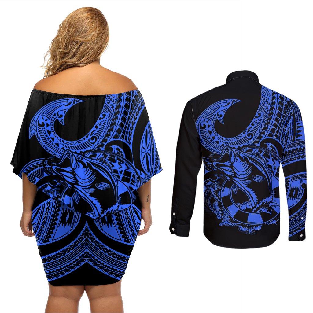 Polynesia Couples Matching Off Shoulder Short Dress and Long Sleeve Button Shirts Fish Hook Tattoo Go Fishing Polynesian Pattern Blue LT14 - Polynesian Pride