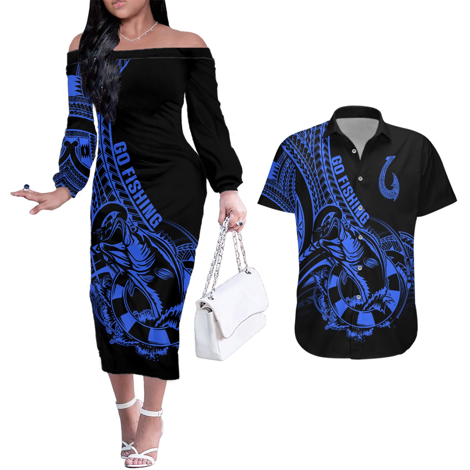 Polynesia Couples Matching Off The Shoulder Long Sleeve Dress and Hawaiian Shirt Fish Hook Tattoo Go Fishing Polynesian Pattern Blue LT14 Blue - Polynesian Pride