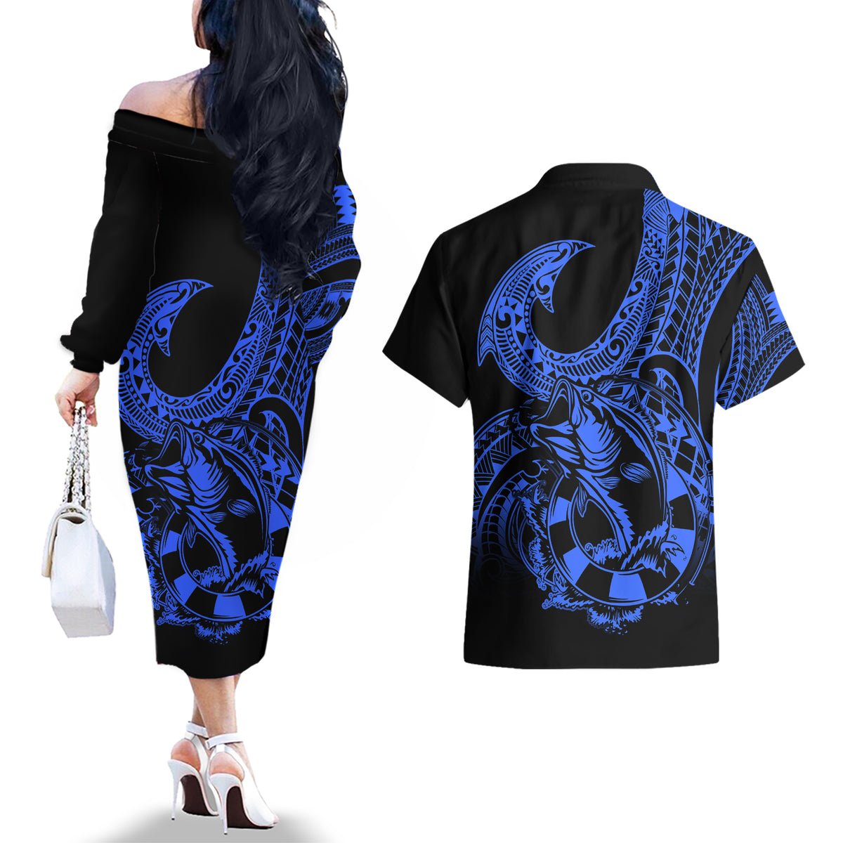 Polynesia Couples Matching Off The Shoulder Long Sleeve Dress and Hawaiian Shirt Fish Hook Tattoo Go Fishing Polynesian Pattern Blue LT14 - Polynesian Pride
