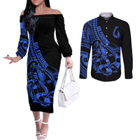 Polynesia Couples Matching Off The Shoulder Long Sleeve Dress and Long Sleeve Button Shirts Fish Hook Tattoo Go Fishing Polynesian Pattern Blue LT14 Blue - Polynesian Pride