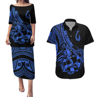 Polynesia Couples Matching Puletasi Dress and Hawaiian Shirt Fish Hook Tattoo Go Fishing Polynesian Pattern Blue LT14 Blue - Polynesian Pride