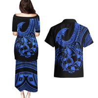 Polynesia Couples Matching Puletasi Dress and Hawaiian Shirt Fish Hook Tattoo Go Fishing Polynesian Pattern Blue LT14 - Polynesian Pride