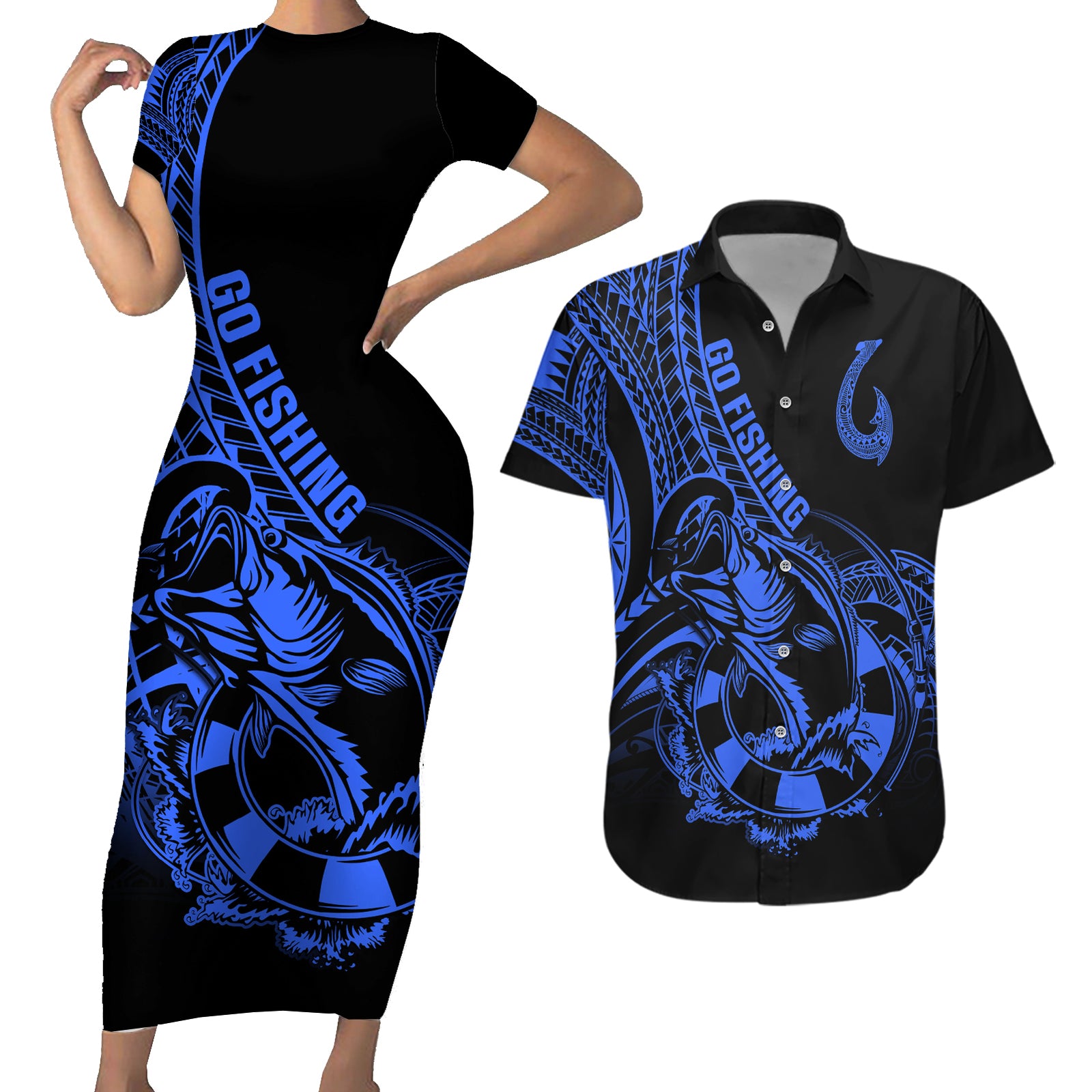 Polynesia Couples Matching Short Sleeve Bodycon Dress and Hawaiian Shirt Fish Hook Tattoo Go Fishing Polynesian Pattern Blue LT14 Blue - Polynesian Pride