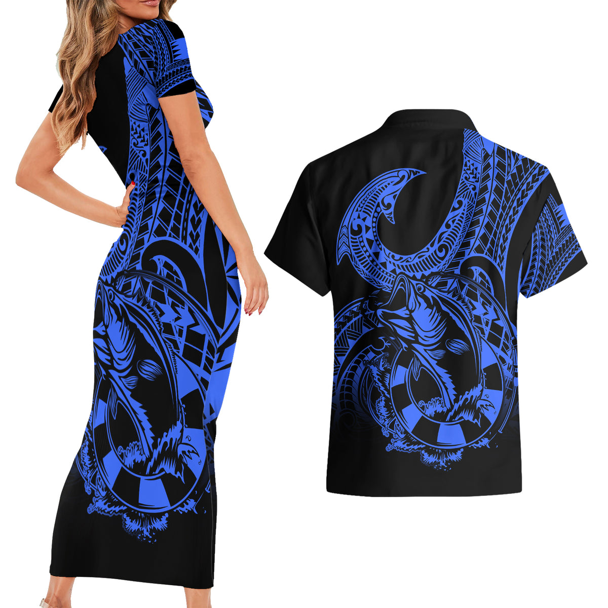 Polynesia Couples Matching Short Sleeve Bodycon Dress and Hawaiian Shirt Fish Hook Tattoo Go Fishing Polynesian Pattern Blue LT14 - Polynesian Pride