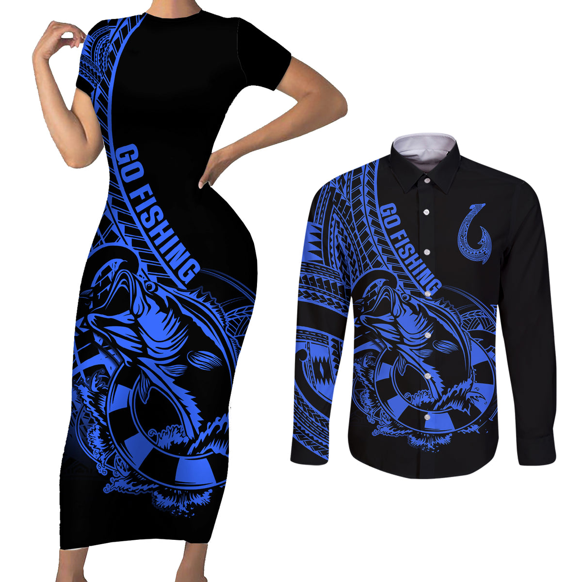 polynesia-couples-matching-short-sleeve-bodycon-dress-and-long-sleeve-button-shirts-fish-hook-tattoo-go-fishing-polynesian-pattern-blue