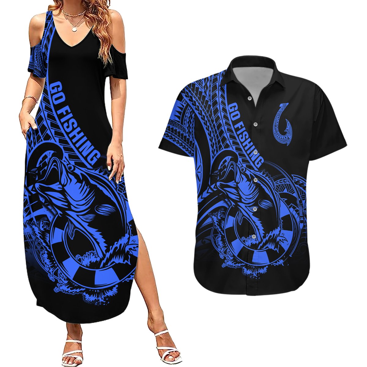 Polynesia Couples Matching Summer Maxi Dress and Hawaiian Shirt Fish Hook Tattoo Go Fishing Polynesian Pattern Blue LT14 Blue - Polynesian Pride