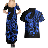 Polynesia Couples Matching Summer Maxi Dress and Hawaiian Shirt Fish Hook Tattoo Go Fishing Polynesian Pattern Blue LT14 - Polynesian Pride