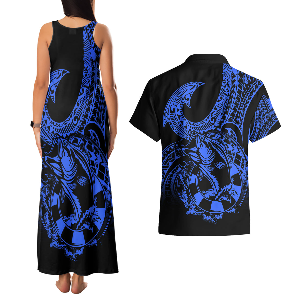 Polynesia Couples Matching Tank Maxi Dress and Hawaiian Shirt Fish Hook Tattoo Go Fishing Polynesian Pattern Blue LT14 - Polynesian Pride