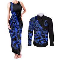 Polynesia Couples Matching Tank Maxi Dress and Long Sleeve Button Shirts Fish Hook Tattoo Go Fishing Polynesian Pattern Blue LT14 Blue - Polynesian Pride