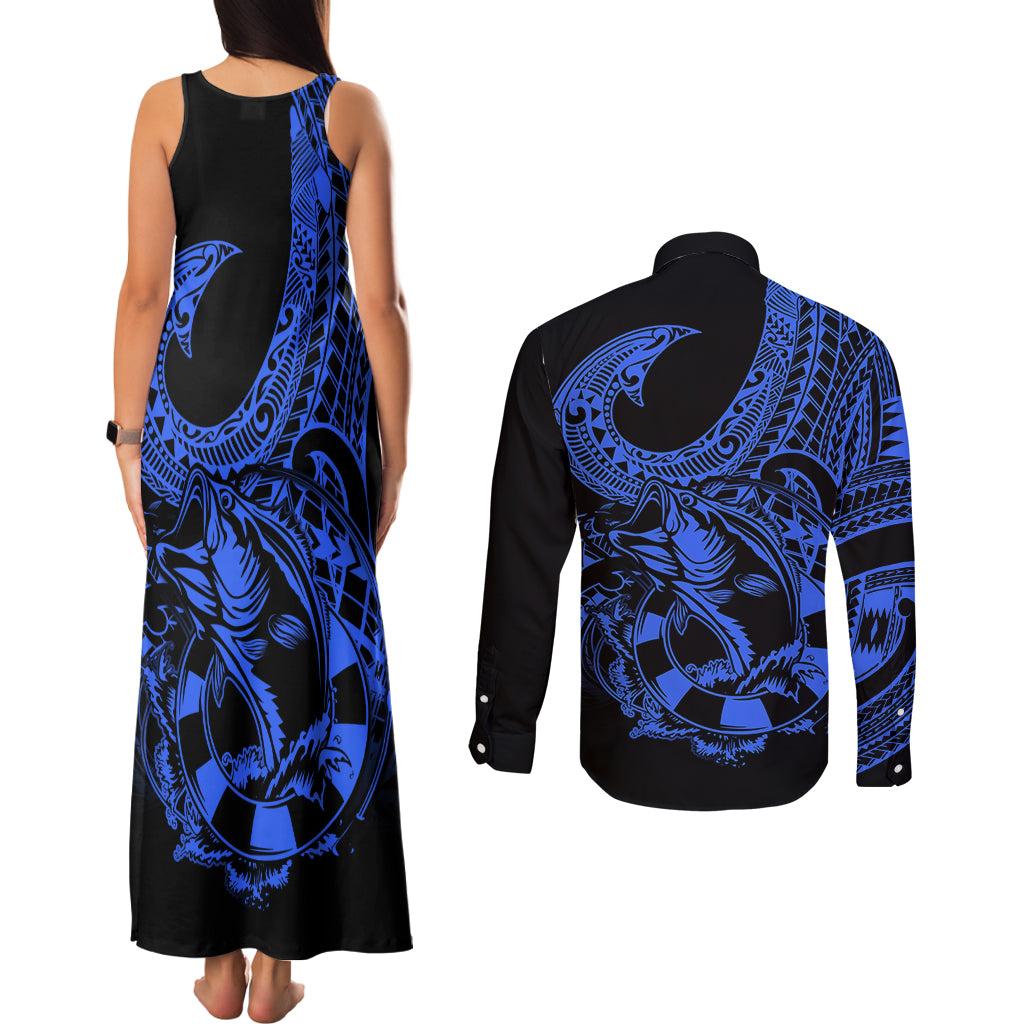 Polynesia Couples Matching Tank Maxi Dress and Long Sleeve Button Shirts Fish Hook Tattoo Go Fishing Polynesian Pattern Blue LT14 - Polynesian Pride