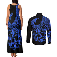 Polynesia Couples Matching Tank Maxi Dress and Long Sleeve Button Shirts Fish Hook Tattoo Go Fishing Polynesian Pattern Blue LT14 - Polynesian Pride