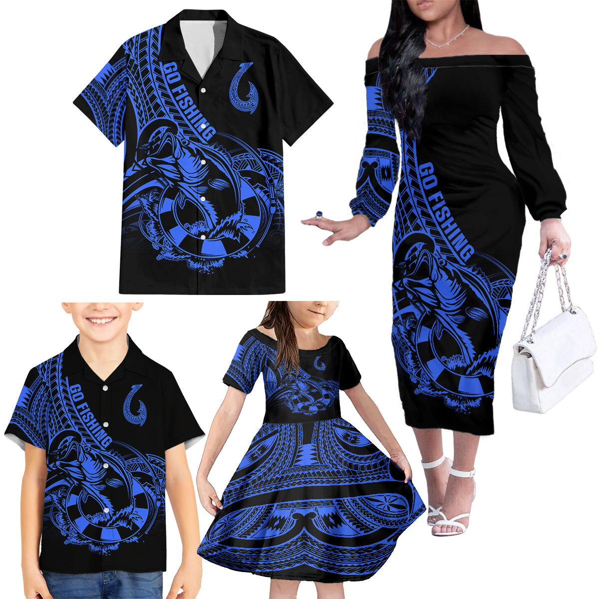 polynesia-family-matching-off-shoulder-long-sleeve-dress-and-hawaiian-shirt-fish-hook-tattoo-go-fishing-polynesian-pattern-blue