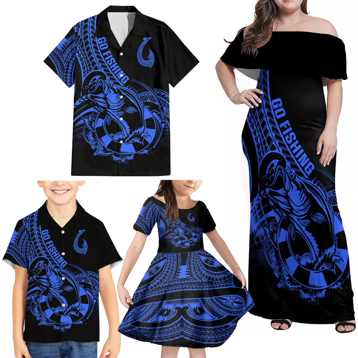 polynesia-family-matching-off-shoulder-maxi-dress-and-hawaiian-shirt-fish-hook-tattoo-go-fishing-polynesian-pattern-blue