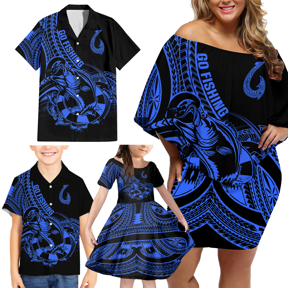 polynesia-family-matching-off-shoulder-short-dress-and-hawaiian-shirt-fish-hook-tattoo-go-fishing-polynesian-pattern-blue