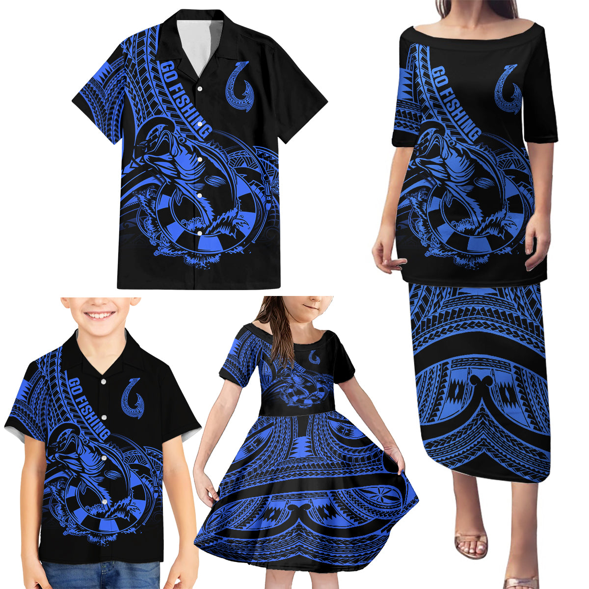 Polynesia Family Matching Puletasi Dress and Hawaiian Shirt Fish Hook Tattoo Go Fishing Polynesian Pattern Blue LT14 - Polynesian Pride