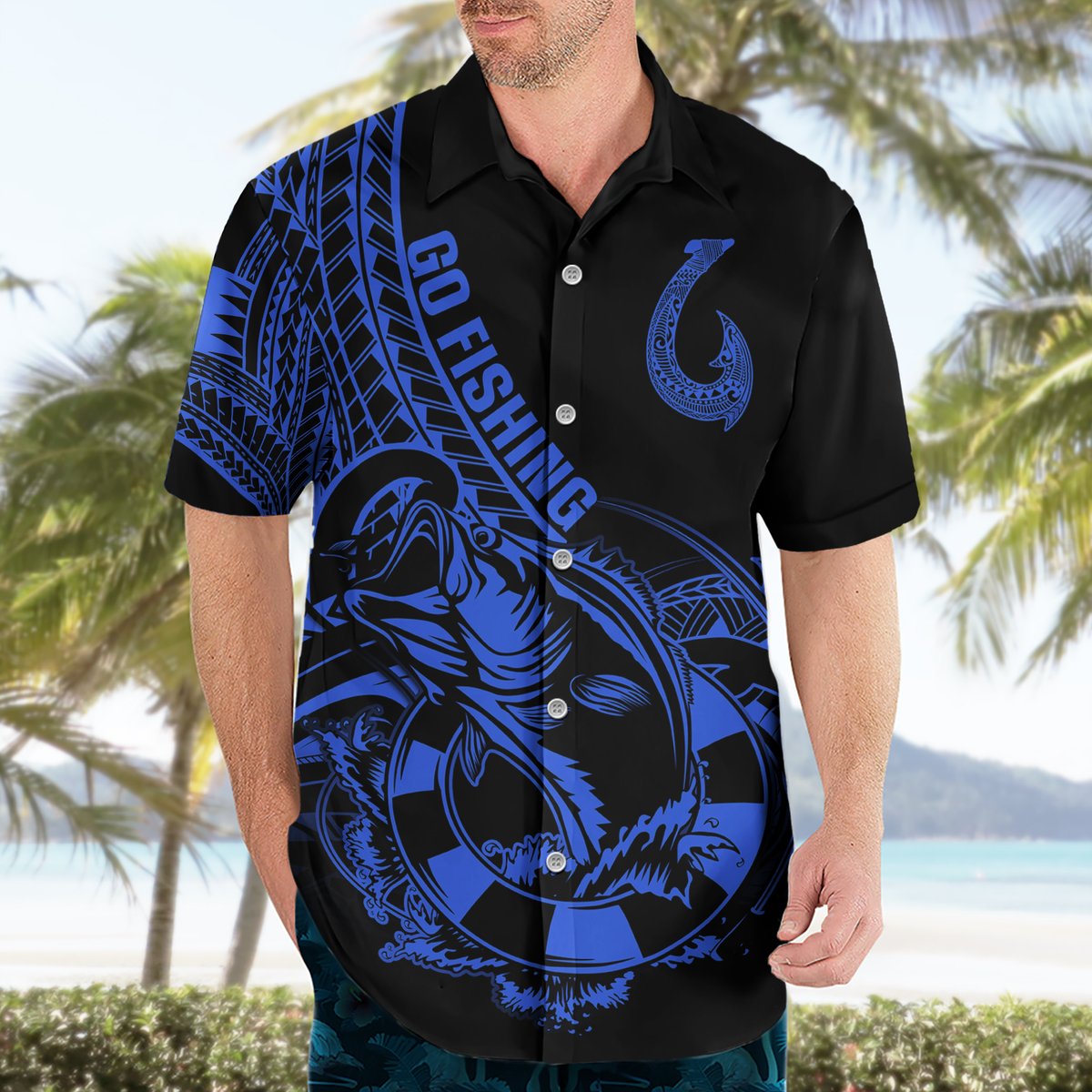 Polynesia Hawaiian Shirt Fish Hook Tattoo Go Fishing Polynesian Pattern Blue LT14 - Polynesian Pride