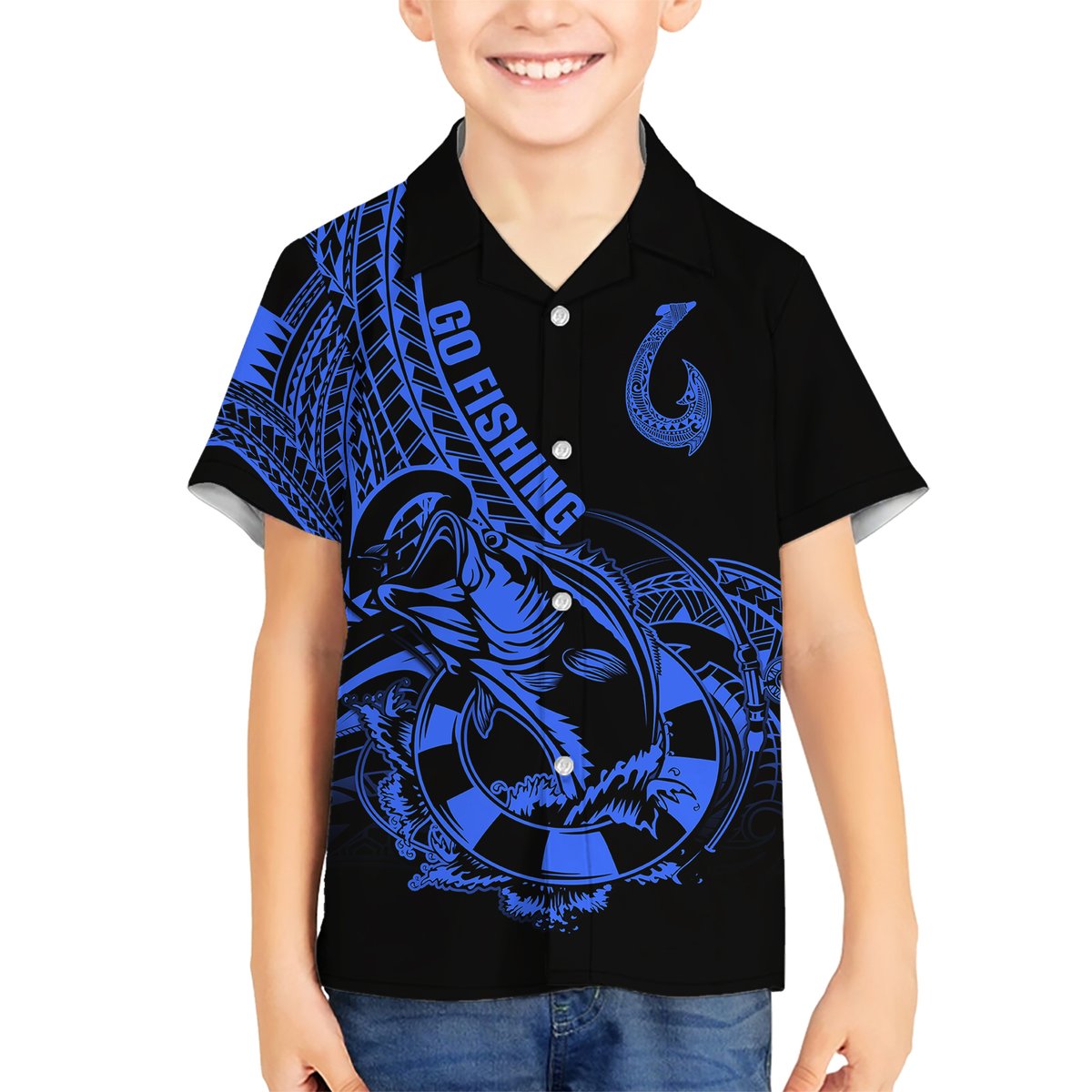 Polynesia Hawaiian Shirt Fish Hook Tattoo Go Fishing Polynesian Pattern Blue LT14 - Polynesian Pride