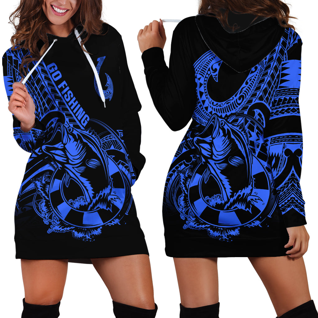 Polynesia Hoodie Dress Fish Hook Tattoo Go Fishing Polynesian Pattern Blue LT14 - Polynesian Pride