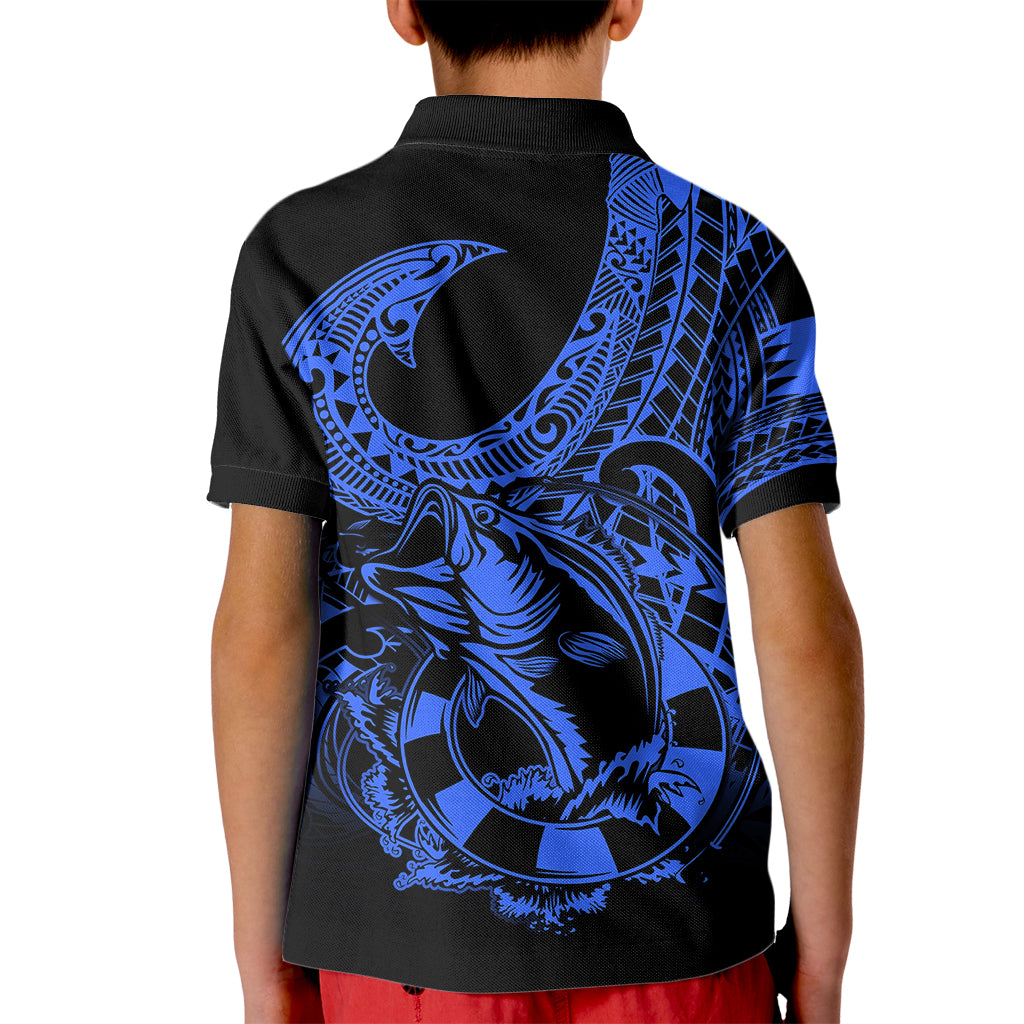 Polynesia Kid Polo Shirt Fish Hook Tattoo Go Fishing Polynesian Pattern Blue LT14 - Polynesian Pride