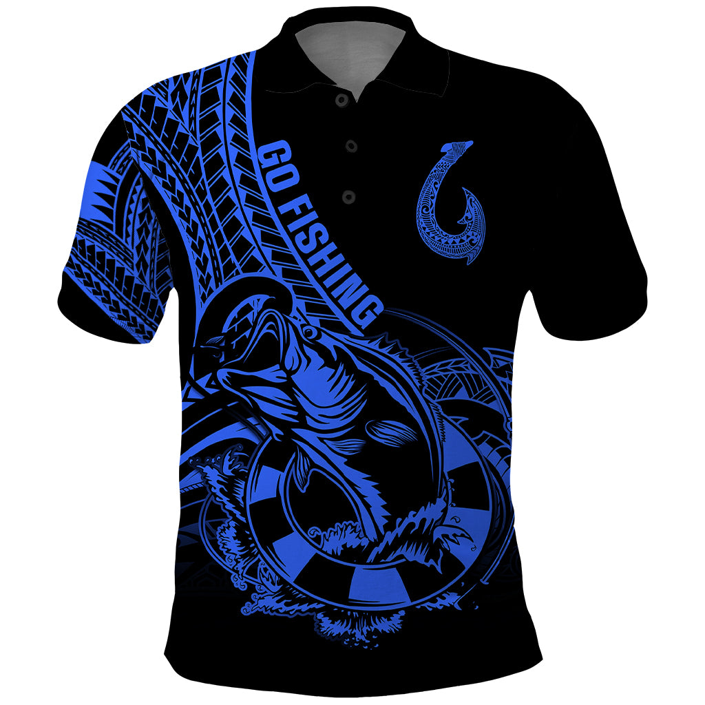 Polynesia Polo Shirt Fish Hook Tattoo Go Fishing Polynesian Pattern Blue LT14 Blue - Polynesian Pride
