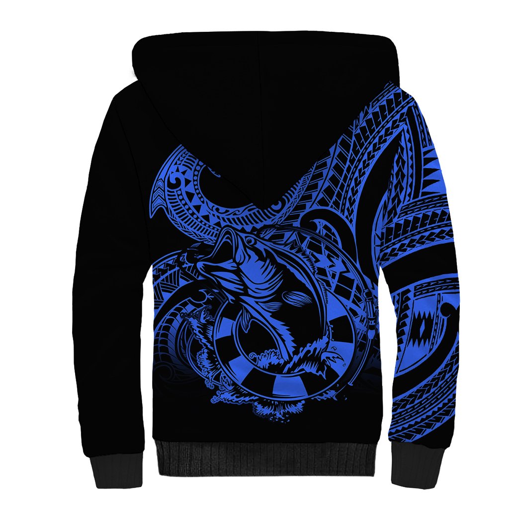 Polynesia Sherpa Hoodie Fish Hook Tattoo Go Fishing Polynesian Pattern Blue LT14 - Polynesian Pride