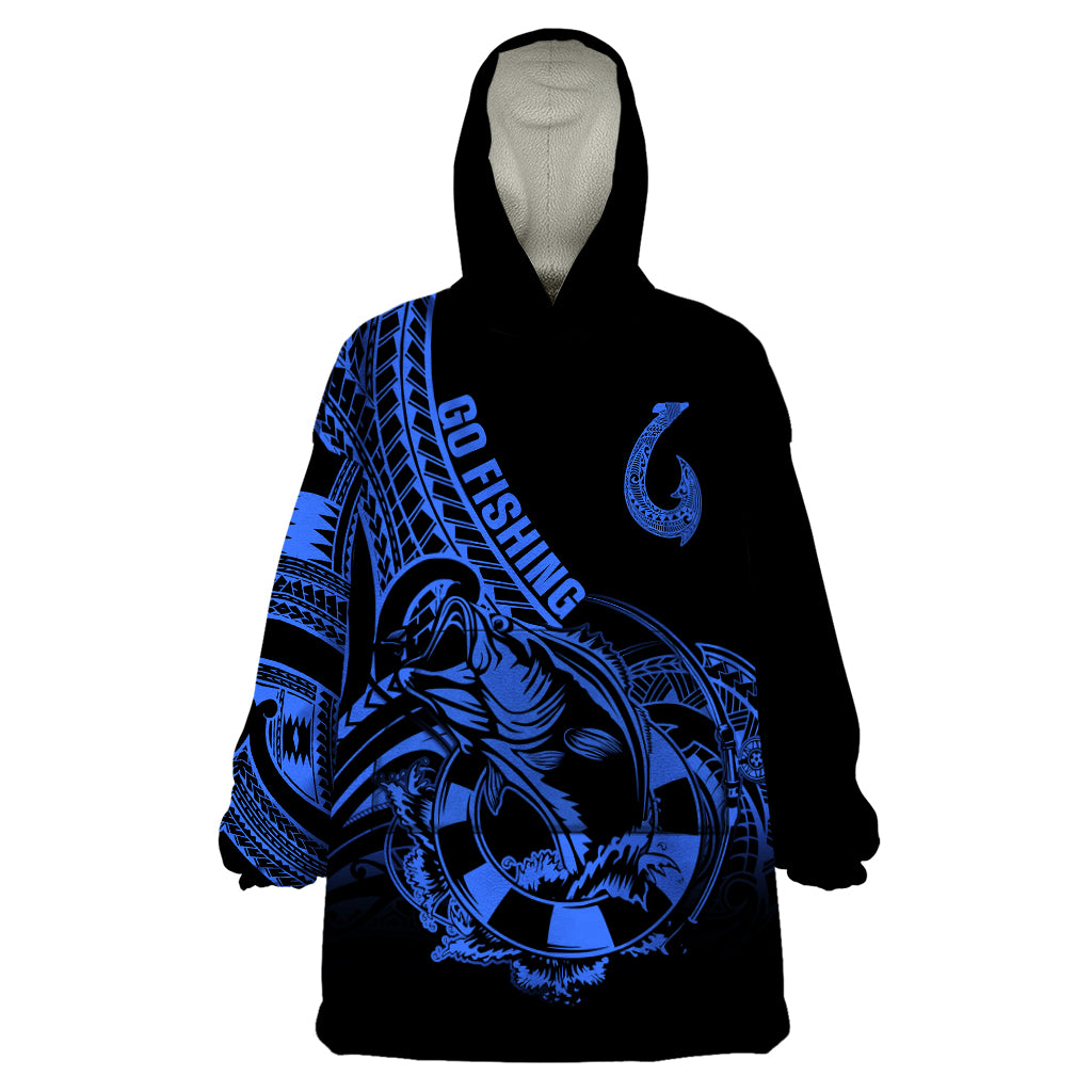 Polynesia Wearable Blanket Hoodie Fish Hook Tattoo Go Fishing Polynesian Pattern Blue LT14 One Size Blue - Polynesian Pride