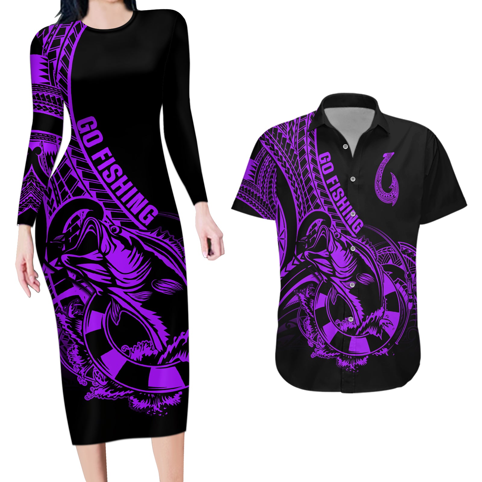 Polynesia Couples Matching Long Sleeve Bodycon Dress and Hawaiian Shirt Fish Hook Tattoo Go Fishing Polynesian Pattern Purple LT14 Purple - Polynesian Pride