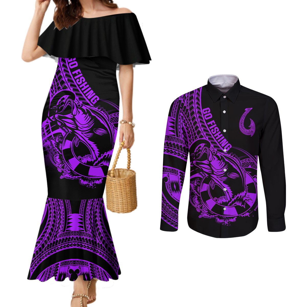 Polynesia Couples Matching Mermaid Dress and Long Sleeve Button Shirts Fish Hook Tattoo Go Fishing Polynesian Pattern Purple LT14 Purple - Polynesian Pride