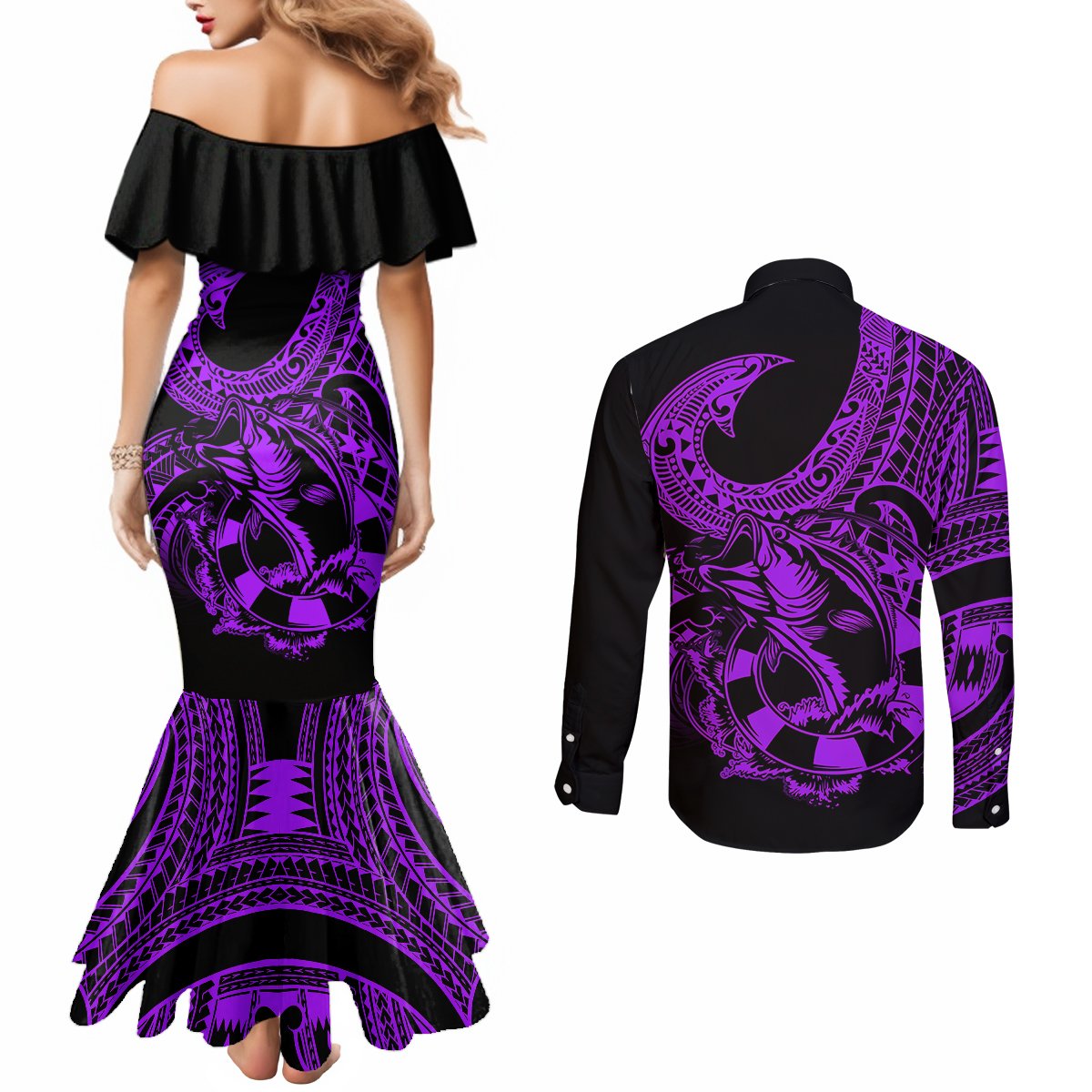 Polynesia Couples Matching Mermaid Dress and Long Sleeve Button Shirts Fish Hook Tattoo Go Fishing Polynesian Pattern Purple LT14 - Polynesian Pride
