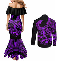 Polynesia Couples Matching Mermaid Dress and Long Sleeve Button Shirts Fish Hook Tattoo Go Fishing Polynesian Pattern Purple LT14 - Polynesian Pride
