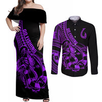 Polynesia Couples Matching Off Shoulder Maxi Dress and Long Sleeve Button Shirts Fish Hook Tattoo Go Fishing Polynesian Pattern Purple LT14 Purple - Polynesian Pride