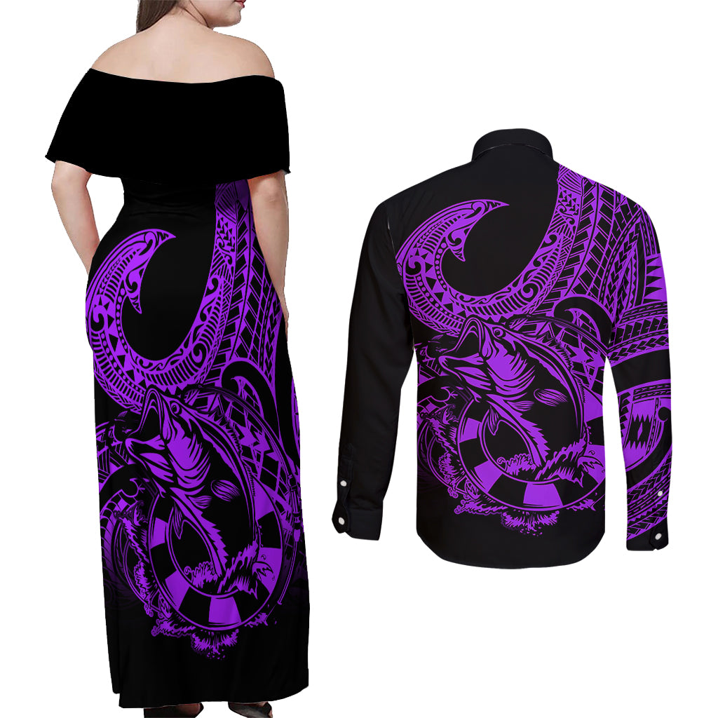 Polynesia Couples Matching Off Shoulder Maxi Dress and Long Sleeve Button Shirts Fish Hook Tattoo Go Fishing Polynesian Pattern Purple LT14 - Polynesian Pride