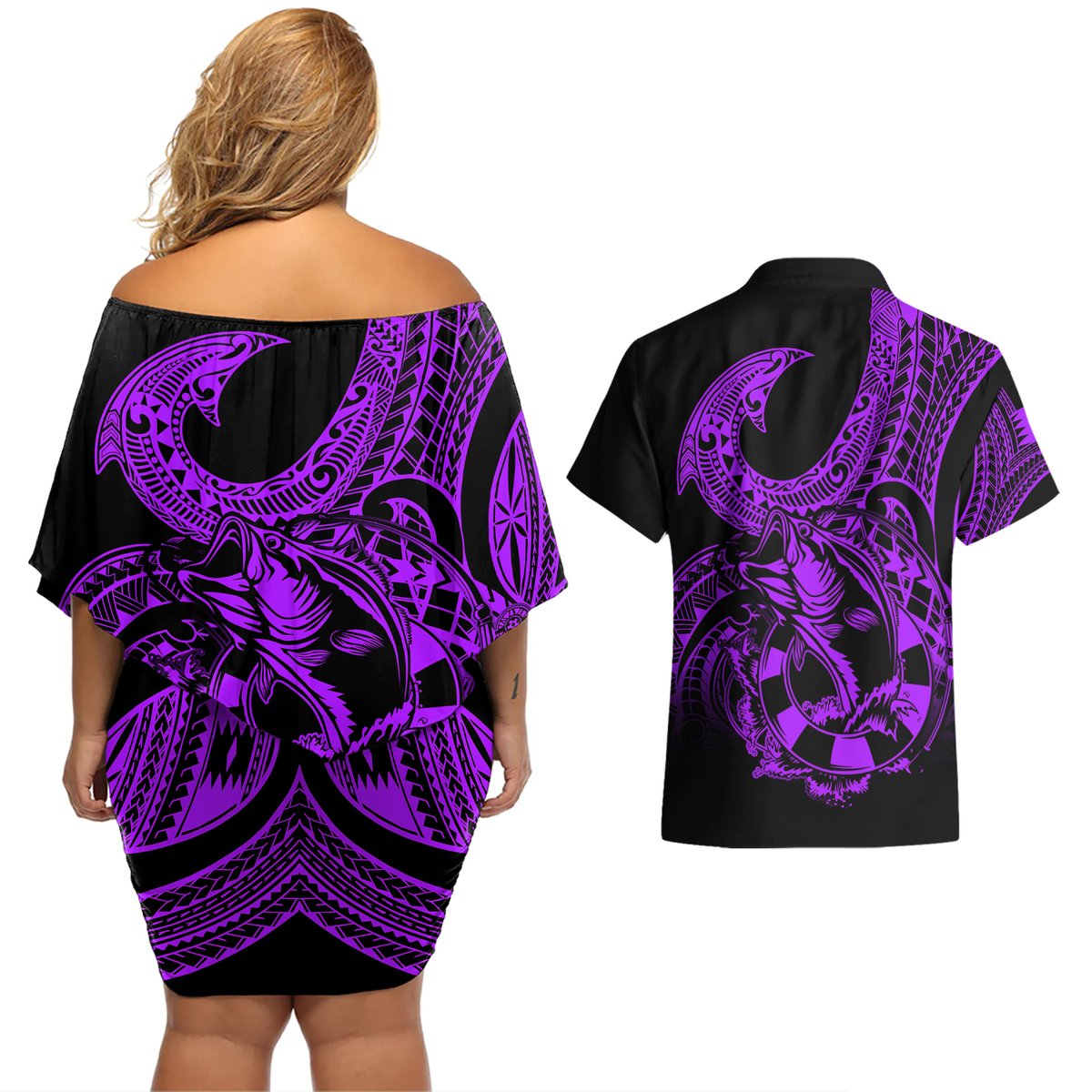 Polynesia Couples Matching Off Shoulder Short Dress and Hawaiian Shirt Fish Hook Tattoo Go Fishing Polynesian Pattern Purple LT14 - Polynesian Pride