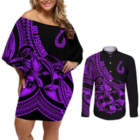 Polynesia Couples Matching Off Shoulder Short Dress and Long Sleeve Button Shirts Fish Hook Tattoo Go Fishing Polynesian Pattern Purple LT14 Purple - Polynesian Pride
