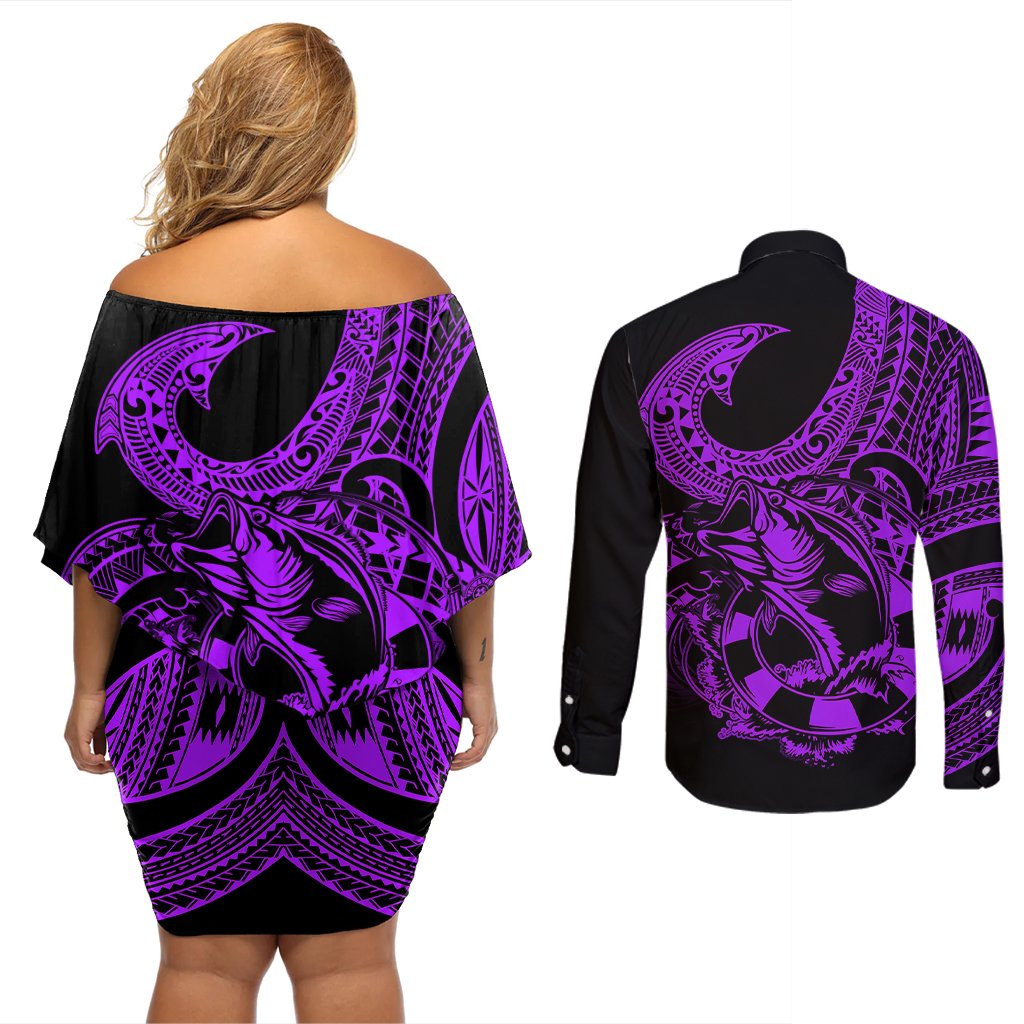 Polynesia Couples Matching Off Shoulder Short Dress and Long Sleeve Button Shirts Fish Hook Tattoo Go Fishing Polynesian Pattern Purple LT14 - Polynesian Pride