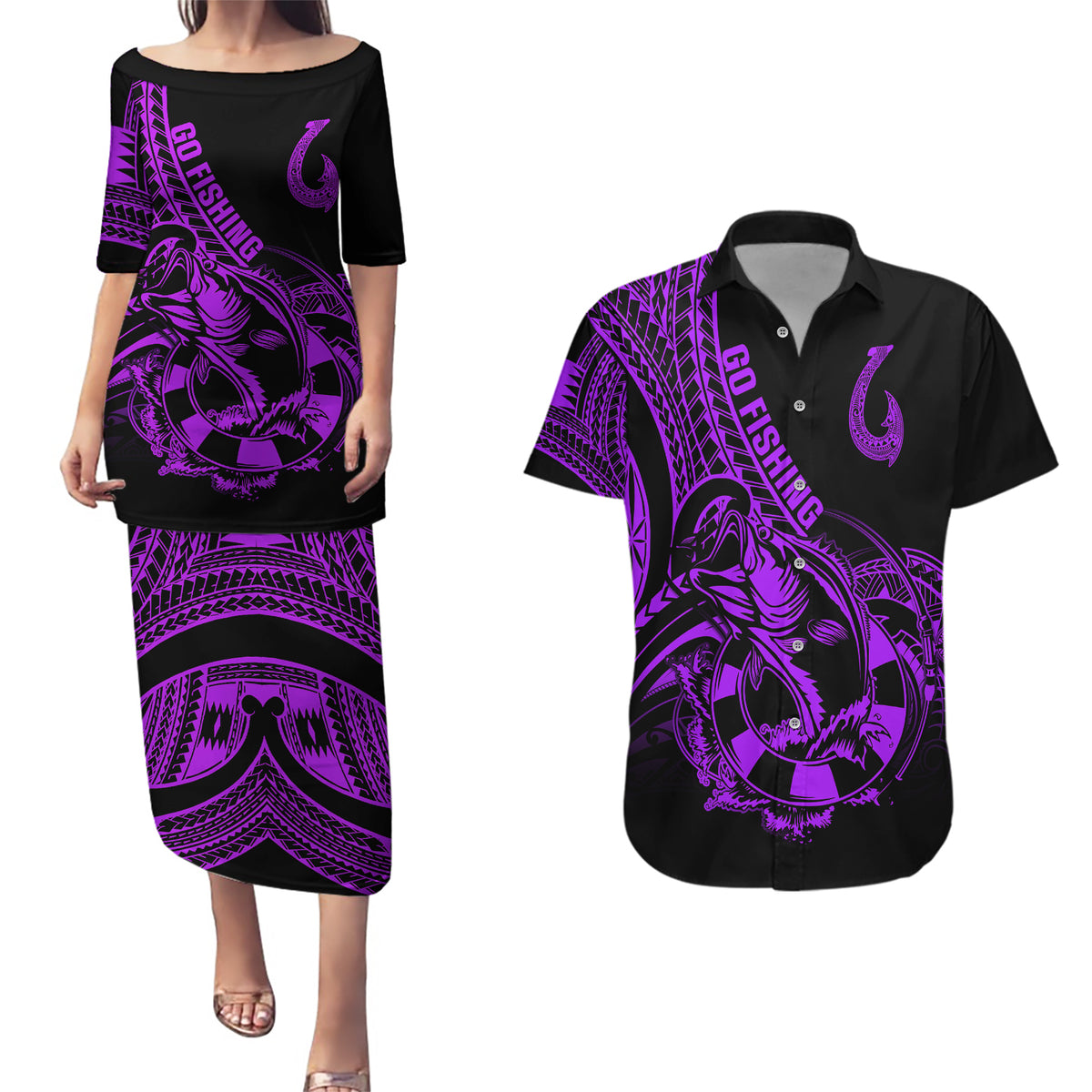 polynesia-couples-matching-puletasi-dress-and-hawaiian-shirt-fish-hook-tattoo-go-fishing-polynesian-pattern-purple