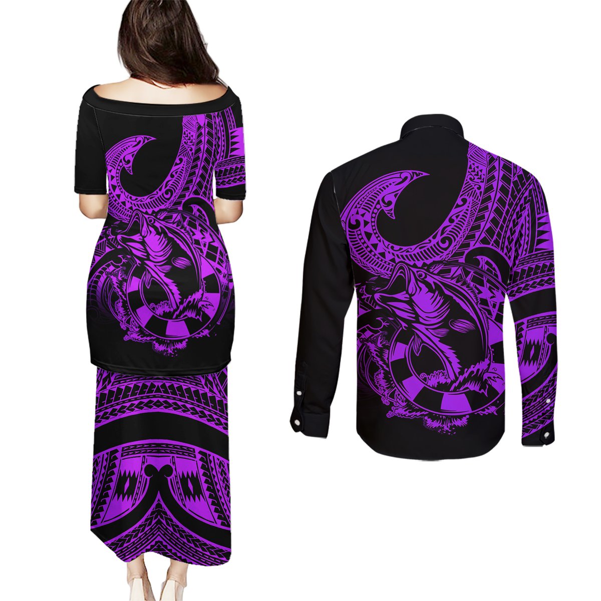Polynesia Couples Matching Puletasi Dress and Long Sleeve Button Shirts Fish Hook Tattoo Go Fishing Polynesian Pattern Purple LT14 - Polynesian Pride