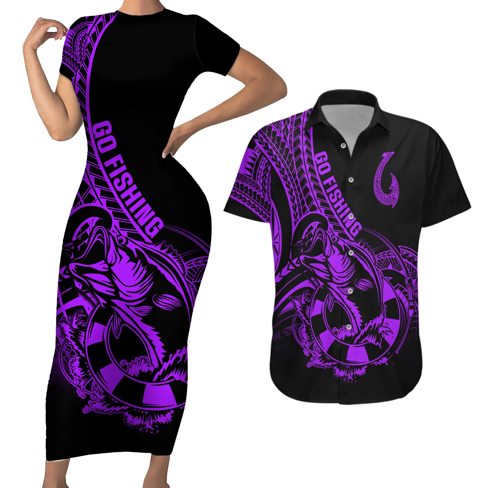 Polynesia Couples Matching Short Sleeve Bodycon Dress and Hawaiian Shirt Fish Hook Tattoo Go Fishing Polynesian Pattern Purple LT14 Purple - Polynesian Pride